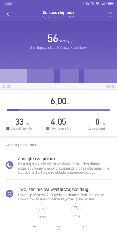 Recenzja opaski sportowej Xiaomi Mi Band 3 - screen z aplikacji Mi Fit - jakość snu