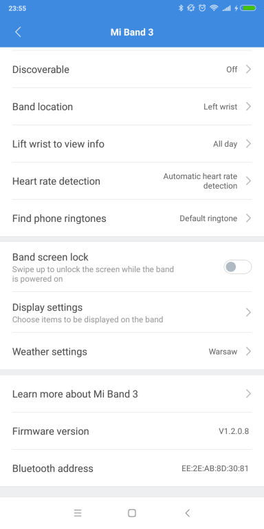 Recenzja opaski sportowej Xiaomi Mi Band 3 - screen z aplikacji Mi Fit - opcje