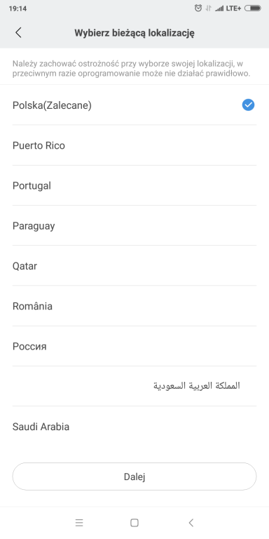 Recenzja opaski sportowej Xiaomi Mi Band 3 - screen z aplikacji Mi Fit - wybór lokalizacji - Polska