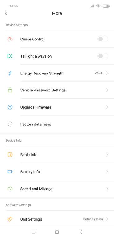 Recenzja Xiaomi Mi Scooter M365 PRO - screen z aplikacji Mi Home - opcje w aplikacji
