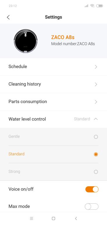 Zaco A8S - recenzja robota sprzątającego - regulacja poziomu opuszczanej wody w aplikacji