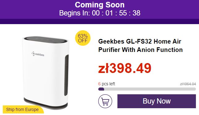 Mega wyprzedaż marcowa geekbuying - przeceny do - 70% - oczyszczacz powietrza Geekbes GL-FS32