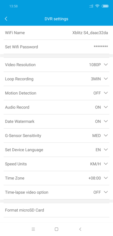 Xblitz S4 - recenzja mini kamery samochodowej - ustawienia w aplikacji