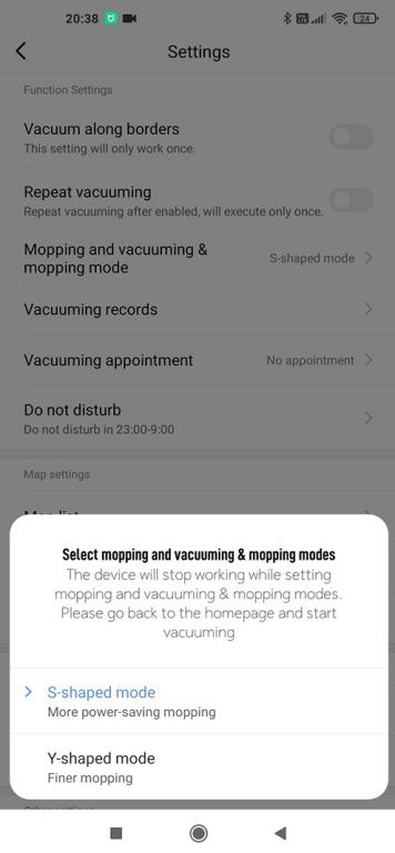 widok w aplikacji Xiaomi Home - Viomi SE - zmiana trybu jazdy z S na Y