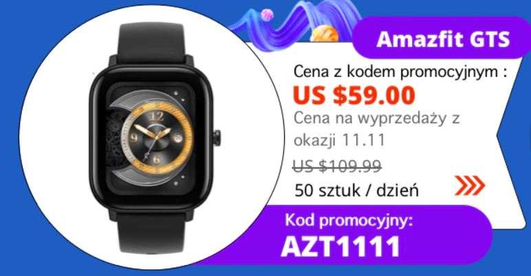 10 hitów z Aliexpress - promocja na 11.11 - smartwatch Amazfit GTS