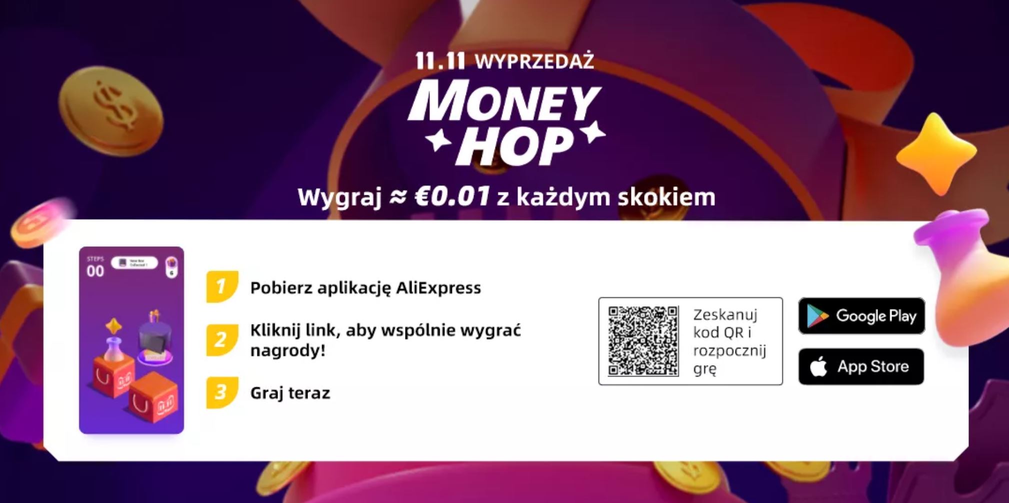 gra Aliexpress na smartfony - kod QR - promocja 1111 - money hop - zasady promocji